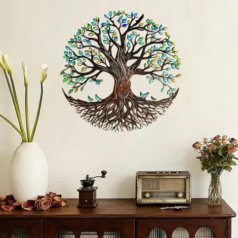 Décoration Murale Arbre de Vie en Métal 40 cm Art Mural Coloré avec Oiseaux - Déco Murale pour Salon, Chambre, Salle à Manger, Jardin (1/5)