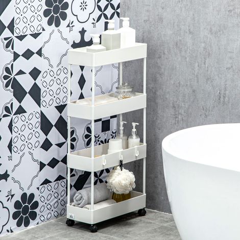 Carrello stretto 40x19x90 cm bianco con 4 ripiani e ruote con freno (1/5)