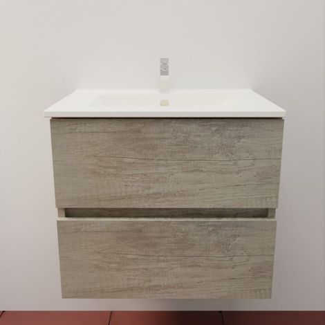 Meuble salle de bain suspendu 60 cm ROSALY INOX- Bois- Plan vasque en Céramique
