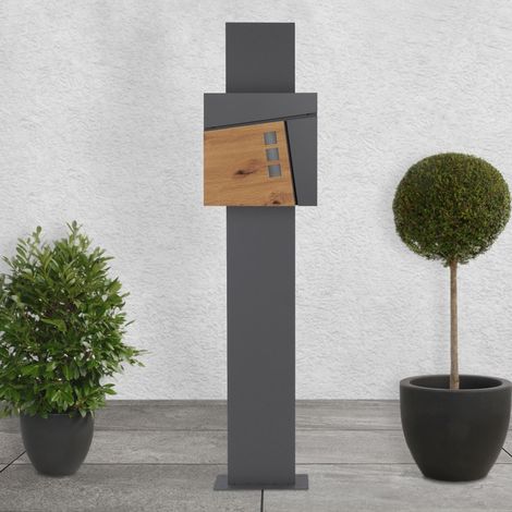 ECD Germany Buzón de Correos para Cartas con Compartimento para periódicos Negro con Detalle Madera para Exterior con Soporte de Acero Inoxidable 170 cm con Cerradura y 2 Llaves Diseño Moderno (1/5)