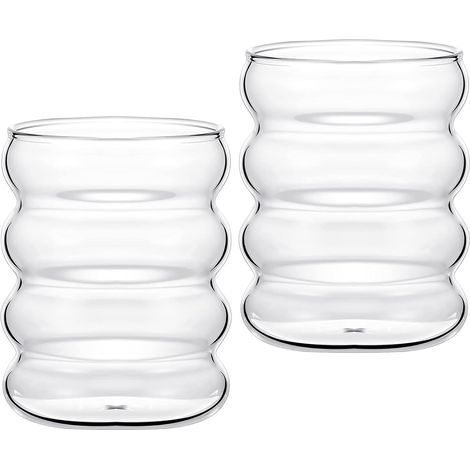 Lot de 2 Verres à Bulles en Verre en Forme de Vague, Verres à Boire Vintage, Verres à Nervures, pour eau Café Boisson Vin Cocktail Whisky Bière