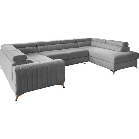 Canapé panoramique convertible LOUVE tissu - Rangement et têtières réglables à droite-Gris clair chiné-Coffre à droite (1/5)