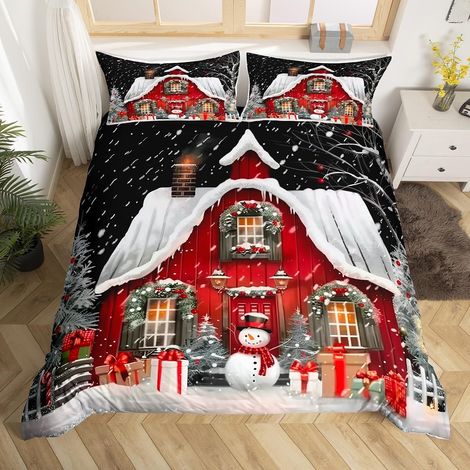 Joyeux Noël Literie Set Bonhomme de Neige Thème d'hiver Housse de Couette Garçons Filles Enfants Bonne Année Parure de Lit Décorations de Noël Couvre Lit Veille de Noël Literie 200x200 - 200x200cm + 2 (1/5)