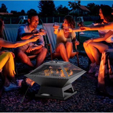 Feuerschale mit Grillrost und Funkenschutz, Stahl, 45 x 45 x 34 cm, schwarz OKMYHOME (1/5)