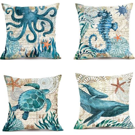 45x45cm Outdoor Cushion Cover, Set of 4 Waterproof Blue Marine Life Pattern Sofa Pillowcase for Patio Garden Living Room Bedroom Decoration (1/5)