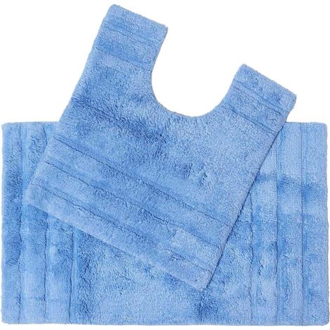 Tapis de Bain antidérapant 50 x 80cm + Contour WC 50 x 55cm, Lot de Tapis de Bain en Pur Coton Ultra Doux, Couleur Bleu (1/5)