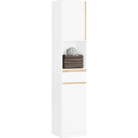 Sobuy – Meuble colonne salle de bain BZR80W – Armoire murale étroite avec 2 portes et tiroir – Dimensions L35cm x P33cm x H170cm – Bois MDF et hévéa (1/5)
