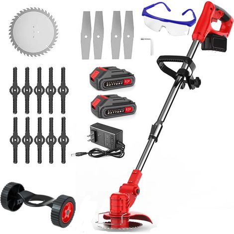 Coupe-bordure à batterie 30cm réglable - Coupe-bordure sans Fil avec 2 Batteries 21V - Manche Télescopique - Poignée Réglable - Rouge