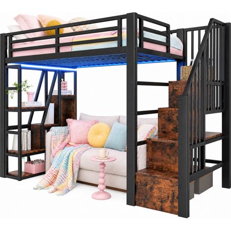 Letto a soppalco 90x200 cm con scala integrata, ripiani, luce LED e struttura in metallo e MDF, salvaspazio per cameretta, nero - CHICFURN (1/5)