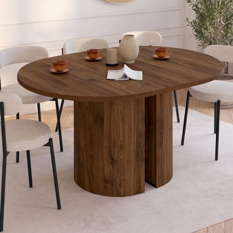 Mesa de comedor redonda extensible MICHELLE, para 4-8 personas, con 2 patas reversibles de nogal, 110-150 cm (1/5)