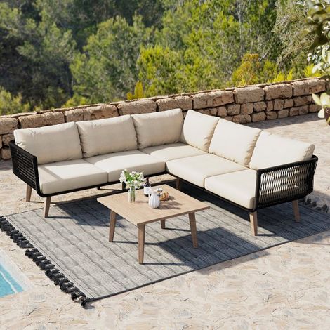 Salon de jardin extérieur canapé + table basse, acier galvanisé, oléfine, beige/noir (1/5)