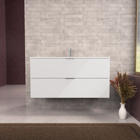 Inda - Badezimmerschrank B.120 mit matt/glänzend weißem Waschbecken 2 Schubladen - Topazio