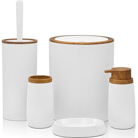 Set bagno da appoggio Blob in plastica liscia bianca con dettagli effetto legno (1/5)