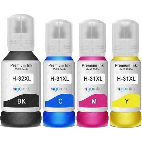 Lot de 4 bouteilles d'encre 135 ml/70 ml compatibles/non OEM de Go Inks, compatibles avec les imprimantes HP 32XL et 31XL.