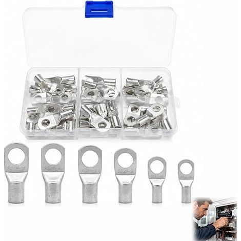 Tinned Copper Lugs, 16-35mm² Tinned Copper Grommet Electrical Terminals, Non-Insulated Battery Terminals, Cable Connectors for Automotive, Electrical Systems (1/5)