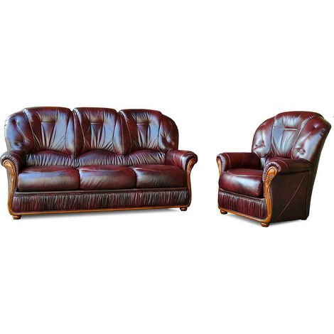 Vente-Unique – Canapé 3 places et fauteuil 100% cuir de buffle bordeaux – Assise déhoussable – Accoudoirs sculptés en bois – Éco-responsable
