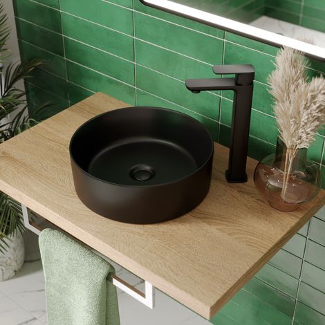 Bathroom Cloakroom Vanity Countertop Wash Basin Sink Black Gloss Modern 352x352mm Round (1/4)
