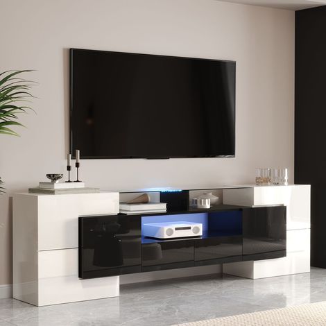 Meuble tv 200cm, design moderne brillant avec led et surface verre élégante meuble tv contemporain (1/5)