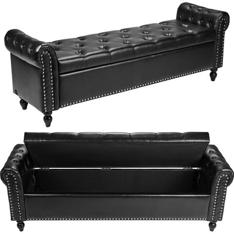 Banc Coffre en Cuir PU 166 cm, Bout de Lit avec Rangement, Accoudoirs et Pieds en Bois, Banquette Capitonnée, Meuble pour Chambre à Coucher, Entrée, Salon, Salle à Manger, Couloir, Noir (1/5)