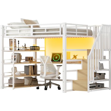 Lit mezzanine métallique 140x200 cm avec escalier, bureau intégré et rangements – Blanc, gain de place pour chambre (1/5)