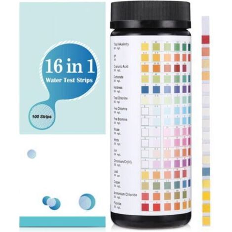 16 en 1 Bandelette Piscine et Spa, 100 Testeur PH Piscine, Bandelette Test Piscine, Testeur Piscine pour Tester la dureté, l'alcalinité Totale, le Chlore Libre, le Brome, le pH et plus (1/5)