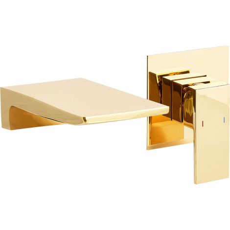 Robinet Mitigeur pour Lavabo Mural en Laiton Commande Unique Effet Cascade Doré Karuay