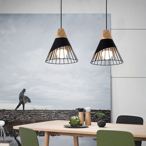 2pcs Chandelier Pendant Lamp Vintage Retro Cage Badminton Shape in Metal and Wood E27 25cm Ceiling Light Fixture Black (1/5)