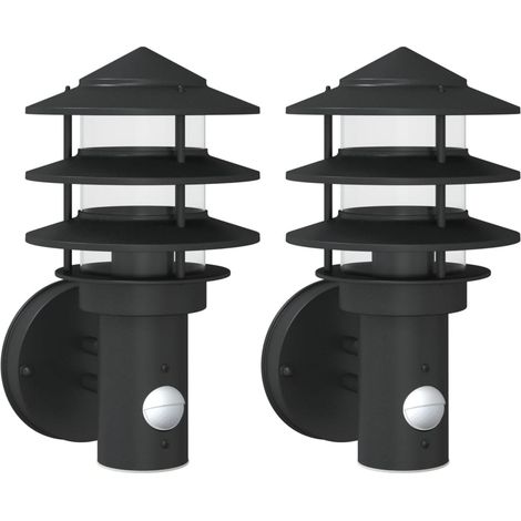 Lot de 2 appliques murales d'extérieur avec capteur de mouvement 15,5 x 15,5 x 28 cm en acier inoxydable noir (1/5)