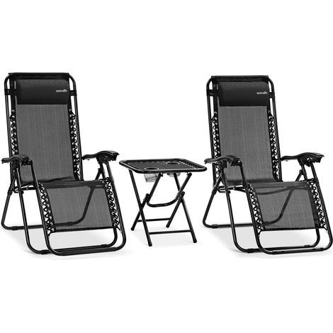 Set de 2 Chaises Pliantes - Chaise Longue Réglable pour Extérieur avec Table Latérale, Porte-Gobelets, Oreillers Amovibles - Patio, Jardin, Plage - Noir (1/5)