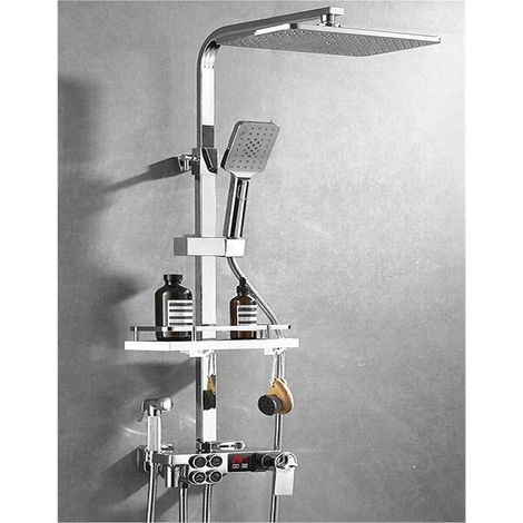 Ensemble de douche mitigeur thermostatique intelli Ensemble de douche noir en cuivre complet for salle de bain, bouton à double rangée, affichage numérique thermostatique, douche à main à 4 vitesses ( (1/5)