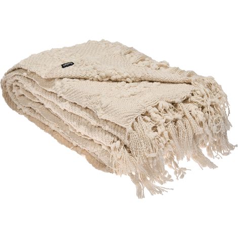 Manta de algodón tejida colcha con borlas cubrecama 200 x 220 cm blanco crema Vella