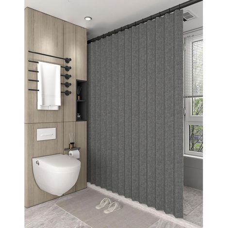 Magnetic folding shower curtain 220 x 200 cm, with hooks, mildew resistant, made of linen and polyester, grey