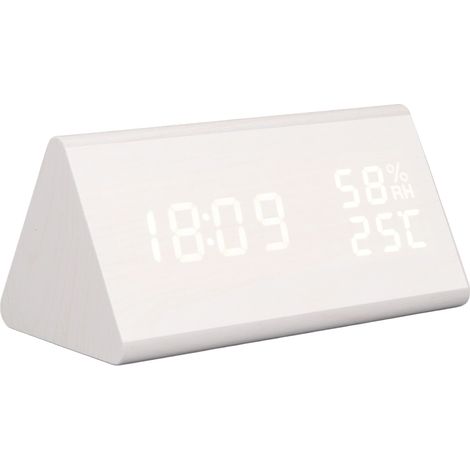 LED-Digitalwecker, Mehrzweck-Holzuhr mit Sprachsteuerung, Luftfeuchtigkeits-, Temperatur- und Wochentagsanzeige, weißes Holz (1/5)