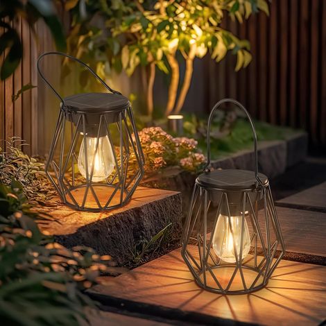 Solarlampen für Außen Hängend/Stehend, 2 Stück IP65 Wasserdicht Metall Solar Laterne, Retro LED Solar Laternen Diamant für Draußen, Garten, Balkon, Outdoor, Terrassen Warmweiß (1/5)