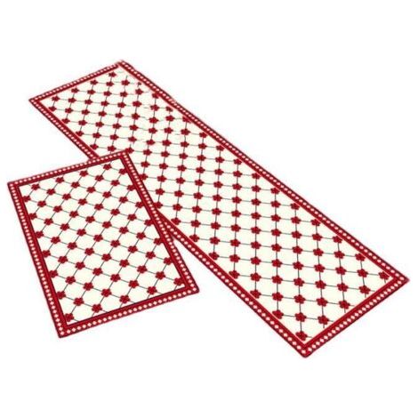 2-teilige Küchenmatte, rotes Blumenmuster, rutschfest und saugfähig, Maße 40x60cm und 40x120cm. (1/5)