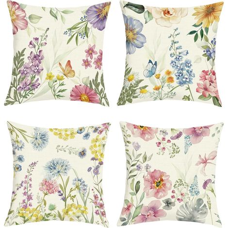 Housse Coussin 45x45 Lot de 4 Fleurs Sauvages Papillons Printemps (1/5)