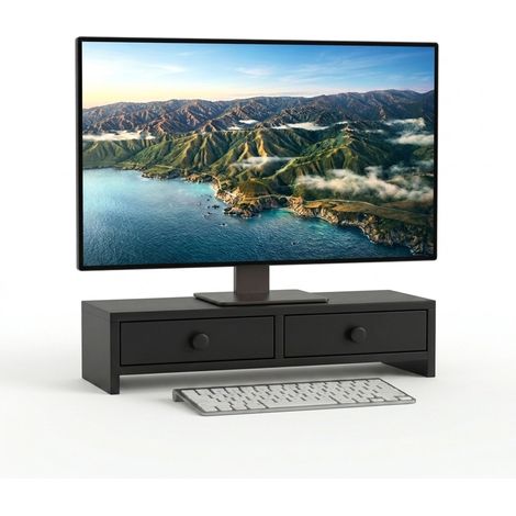 Relaxdays Support écran noir, 2 tiroirs, H x l x P: 12,5 x 47 x 18 cm, MDF, rehausse écran bureau, support PC (1/5)