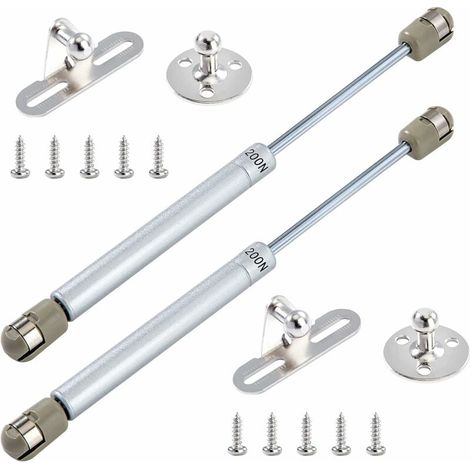 Bisagras hidráulicas con resorte de gas 200 N/20 kg, resortes de gas con tornillos para levantar puertas de armarios de cocina, juego de 2 bisagras amortiguadoras (plateadas). (1/5)