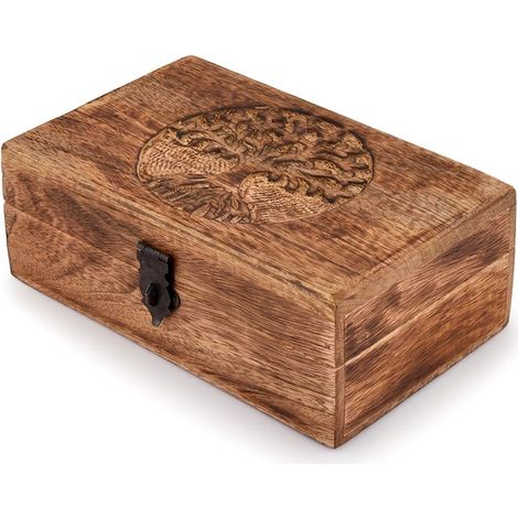 Schmuckkästchen aus Mangoholz mit Lebensbaum-Gravur, einzigartige Geschenkidee für Damen und Herren, Flammenlackierung
