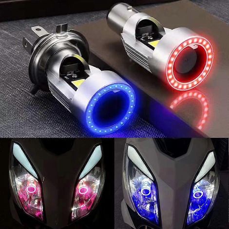 Phare de moto LED H4 2019, nouveau modèle, avec œil d'ange bleu/rose, ampoule BA20D HS1 H6 pour scooter et moto, feux de jour (DRL), 12/24 V, blanc. (1/4)