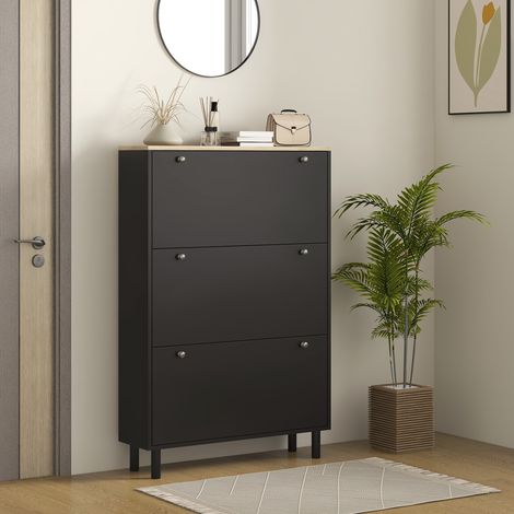Armoire à Chaussures 24 Paires Étroite, 3 Tiroirs Rabattables, Étagères Réglables, Noir (1/5)