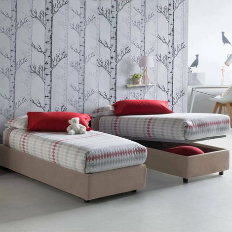 Talamo Italia - Letto singolo Aquolina, Letto contenitore con rivestimento in tessuto, 100% Made in Italy, Apertura frontale, adatto per materasso Cm 80x190, Tortora (1/3)