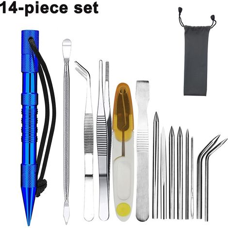 Kit de 14 pièces pour paracorde, comprenant des aiguilles à lacer FID, un outil de lissage, une pince à épiler en acier inoxydable et des ciseaux, le tout dans un sac de rangement. Idéal pour les lois