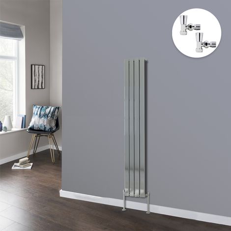 Chrome Flat Panel Radiator Bathroom Central Heating Radiators with Angled Manual Pair of Valves 1600 x 272mm Vertical Single (1/3)