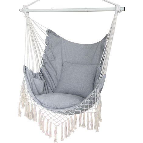 Fauteuil suspendu hamac XL 150kg, coton, barre bois, gris, avec poche latérale (1/5)