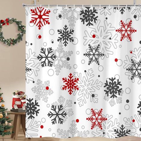Rideau de douche imperméable à motif flocons de neige rouges de Noël, 183 x 183 cm, avec crochets, décoration de fêtes d'hiver – compatible avec les tringles à rideaux de douche standard (1/5)