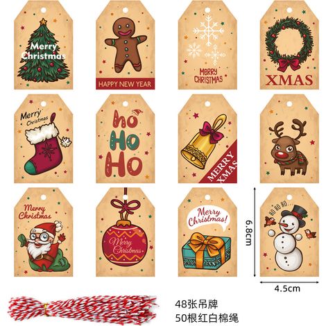 Cartons d'étiquettes de Noël en papier kraft, 48 pièces avec 50 cordes chanvre rouge et blanc (1/2)