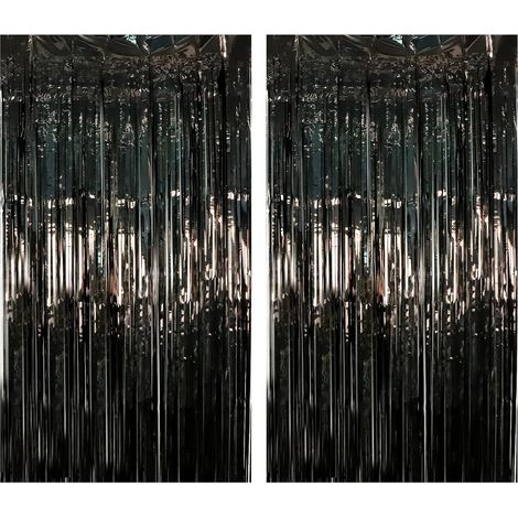 Metallischer Fransenvorhang, 2 Stück, glänzender Fransenvorhang aus Aluminiumfolie zum Dekorieren von Geburtstagskulissen, Türen, Fenstern, Partys, Hochzeiten, Wänden, 1 m x 2 m, Schwarz (1/5)