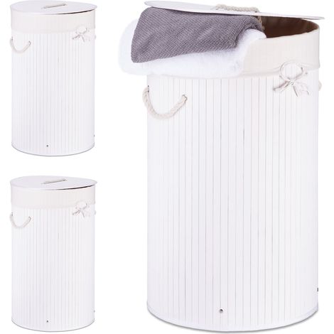 3 cestas de bambú para ropa, plegables con tapa, capacidad 70 l, bolsas de algodón, redondas Ø41 cm, blancas