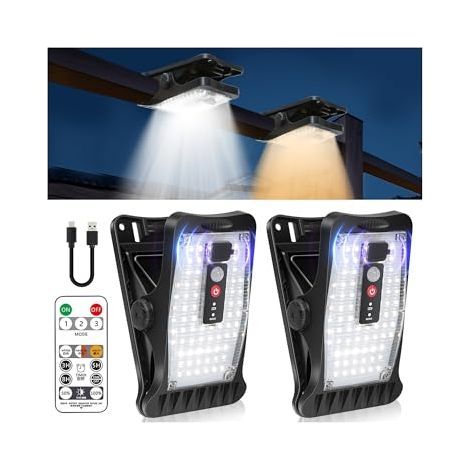Lampes solaires d'extérieur, lot de 2 à pince avec détecteur de mouvement, 70 LED et 3 températures de couleur, alimentation USB et télécommande, pour l'éclairage du jardin, de la clôture et des goutt (1/5)